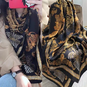 BYSIFA Noi| Aur Negru de Mătase Pură Eșarfă Șal de Brand de Moda de Lux Esarfe Hijabs Primavara Toamna Accesorii Esarfa Cape 110*110cm